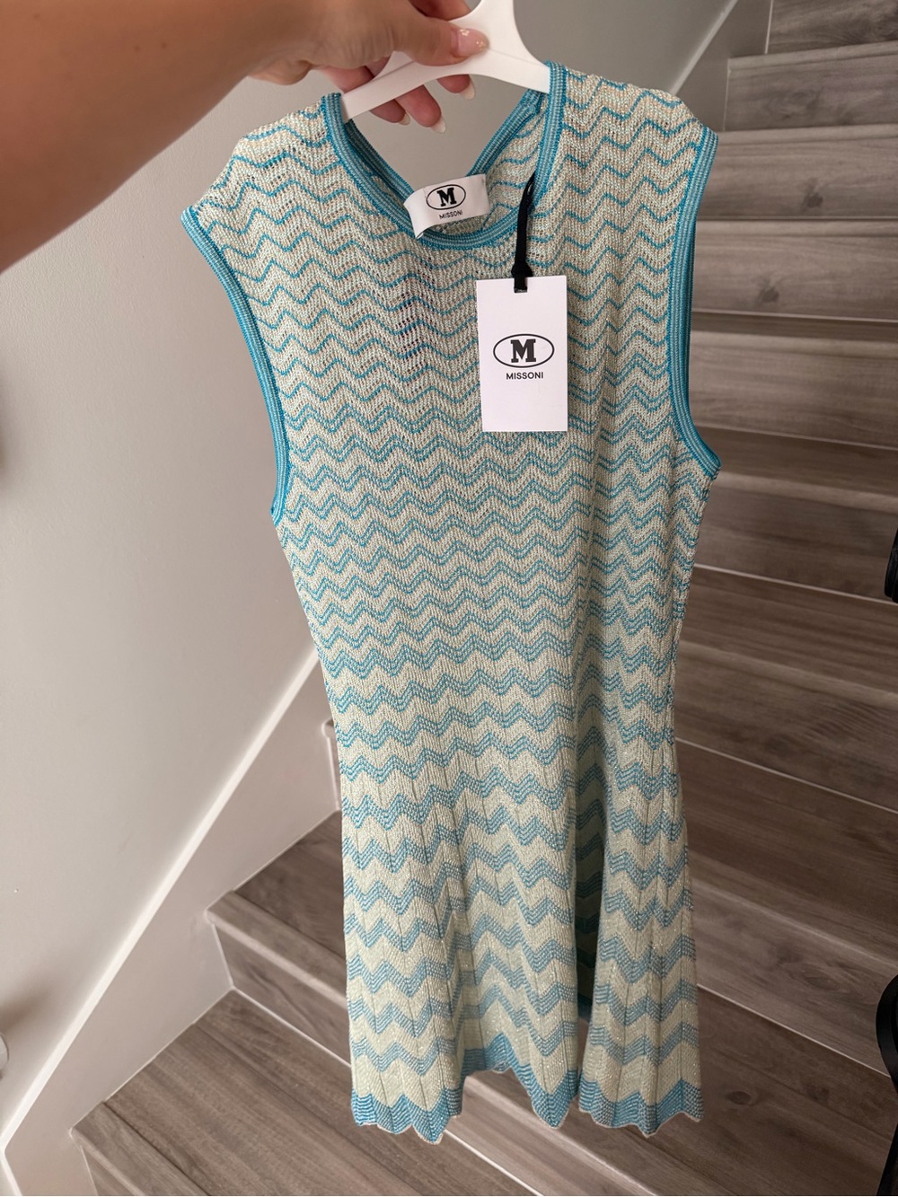 Missoni Aqua and Cream Sleeveless Zigzag Knit Dress